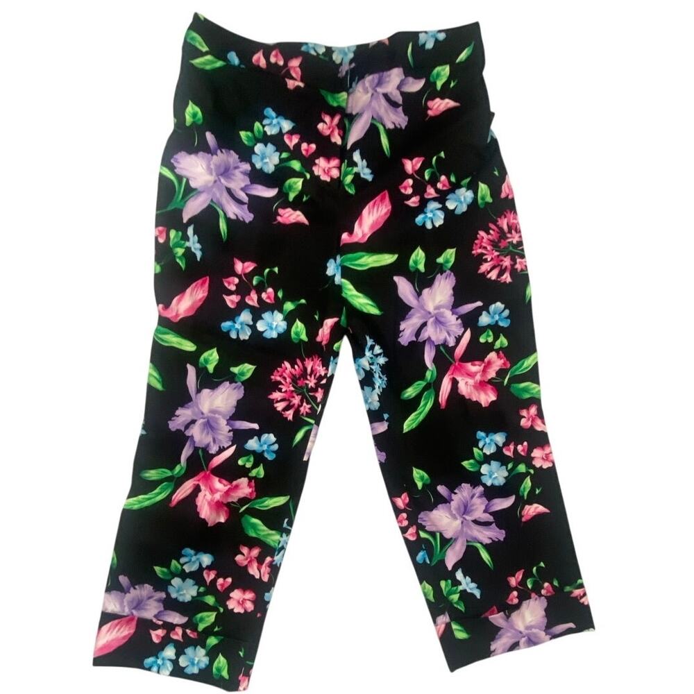 Rafaella Black Floral Cropped Ankle Pants Size 12 NWT